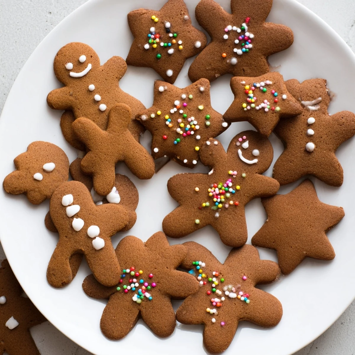 Homemade classic cut out gingerbread cookies arranged on a wooden cutting board with piped icing details and sweet candy embellishments