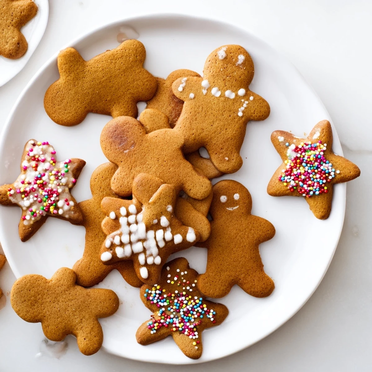 Festive holiday gingerbread men cookies cut into star shapes and topped with shimmering sugar decorations for Christmas celebrations