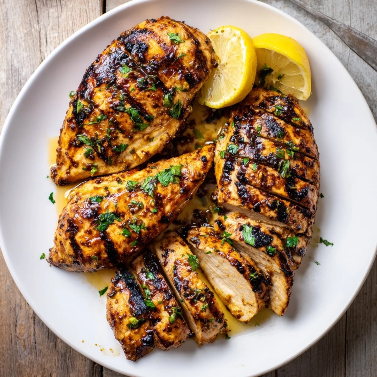 Grilled Chicken sizzling on hot grill with lemon wedges and parsley