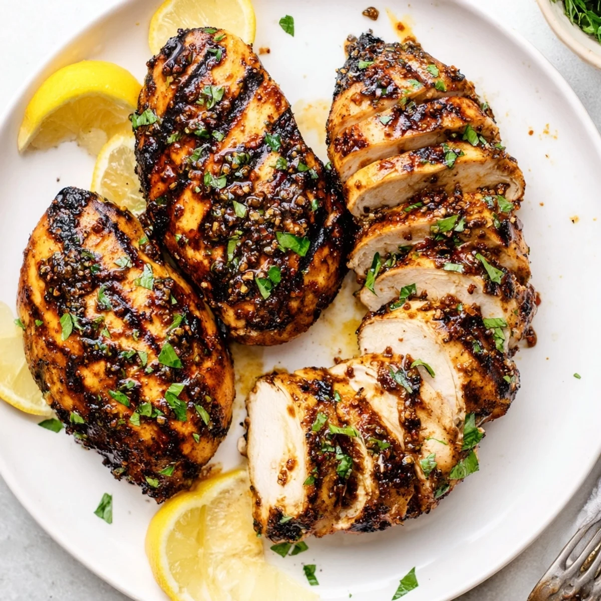 Family style Grilled Chicken resting, char marks visible, served with rice