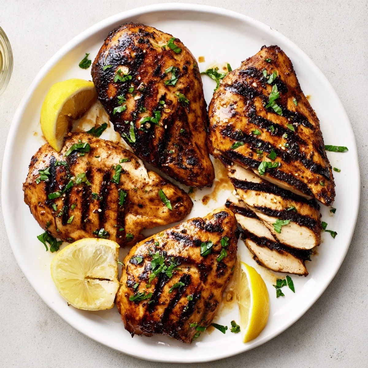 Juicy Grilled Chicken breasts sliced on cutting board, garlic aroma rising