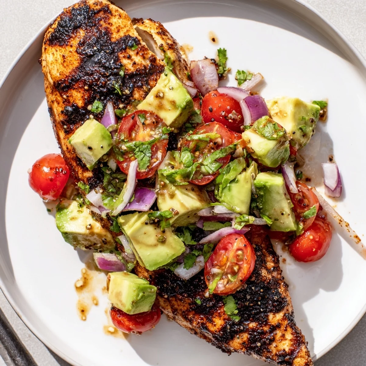 Juicy Grilled California Avocado Chicken resting on grill marks, bright salsa.