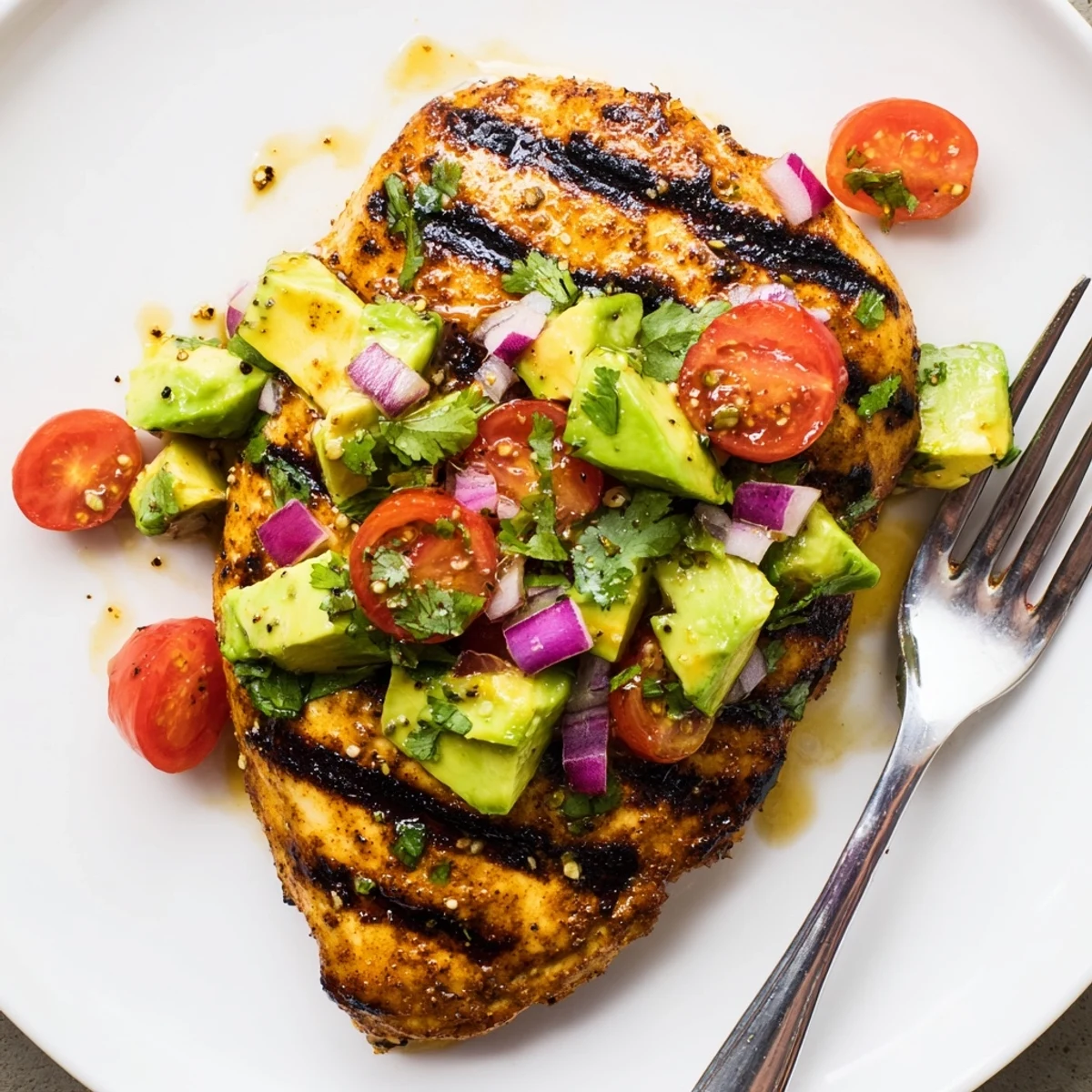 Plated Juicy Grilled California Avocado Chicken topped with creamy avocado salsa, lime.