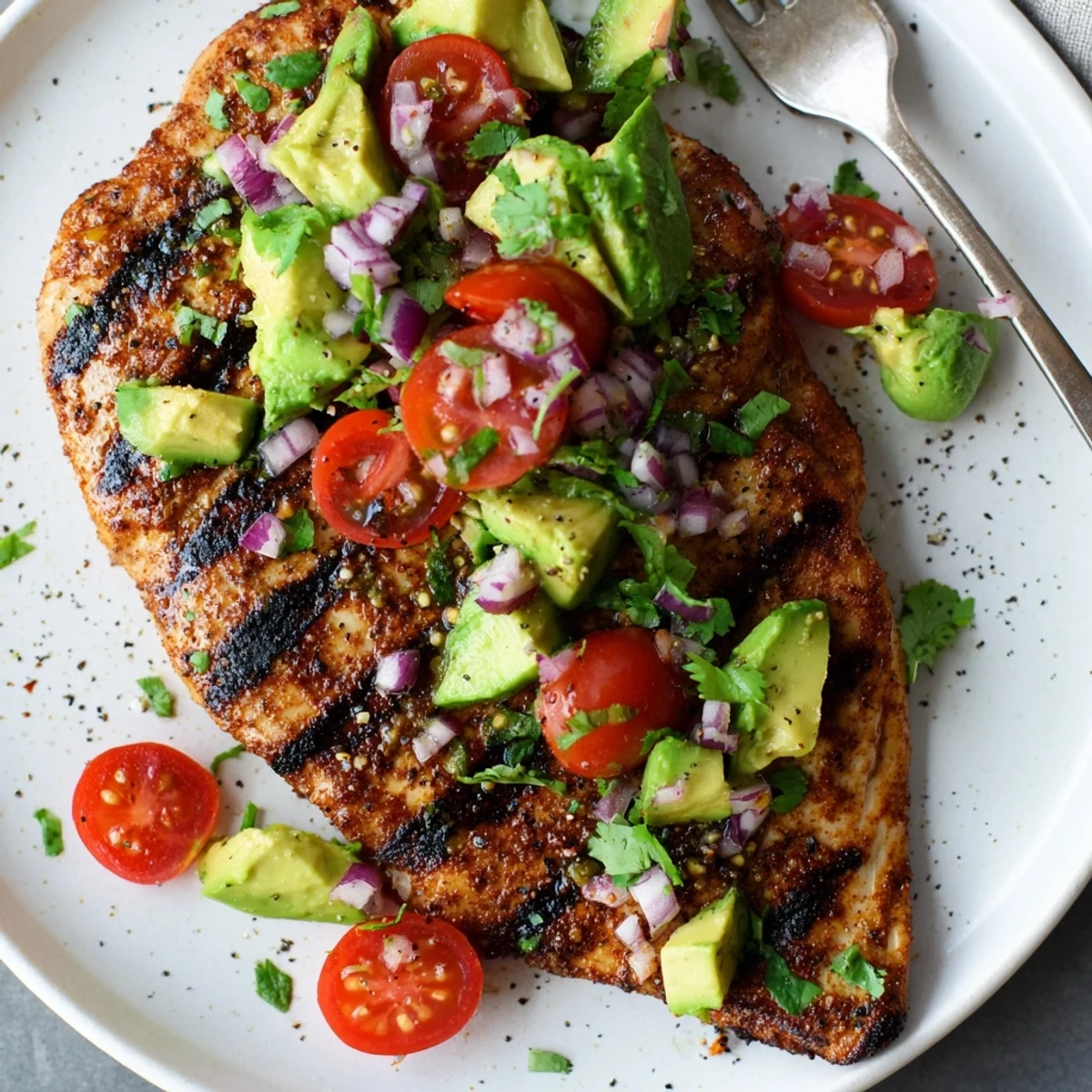Family-style Juicy Grilled California Avocado Chicken served with charred corn, cilantro.