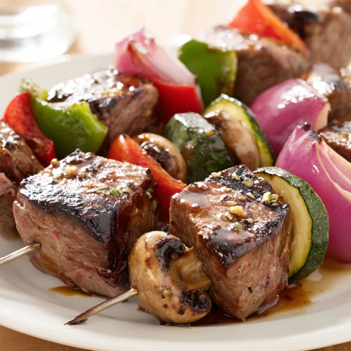Grilled Steak Kabobs sizzling over flames with charred peppers and onions.