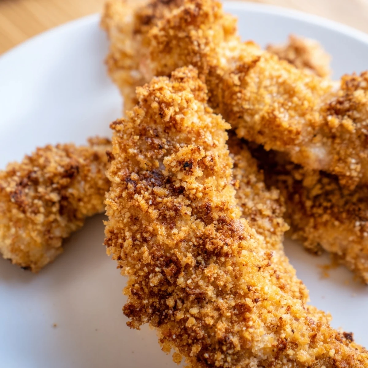 Golden air fryer chicken tenders with crispy panko coating served on white plate
