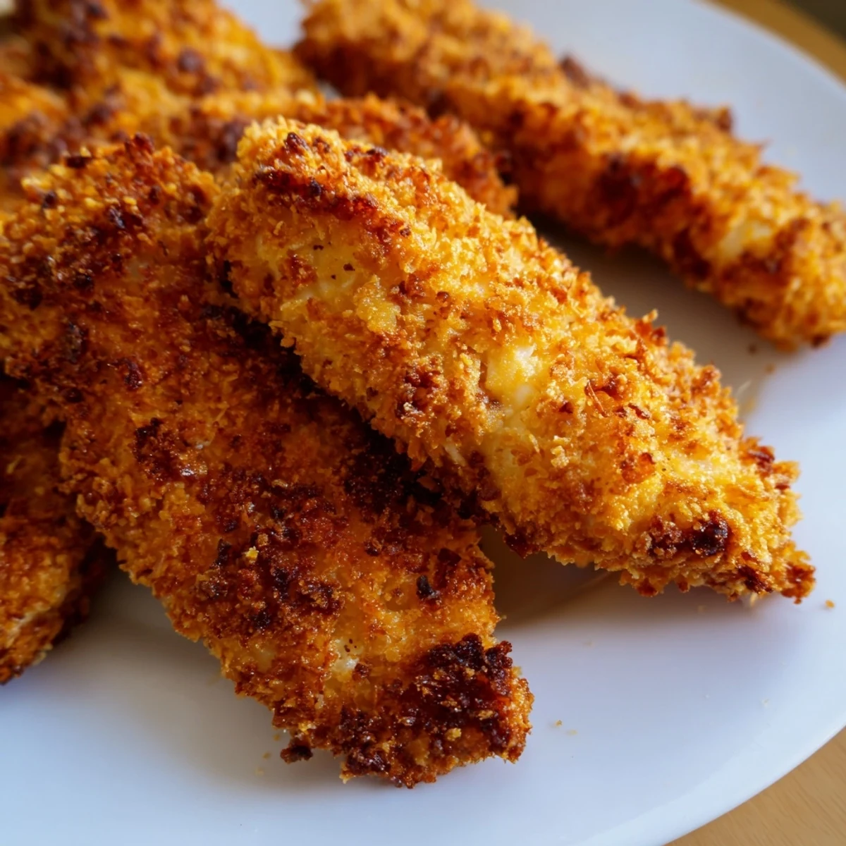 Perfectly crispy air fryer chicken tenders arranged on cutting board with fresh herbs