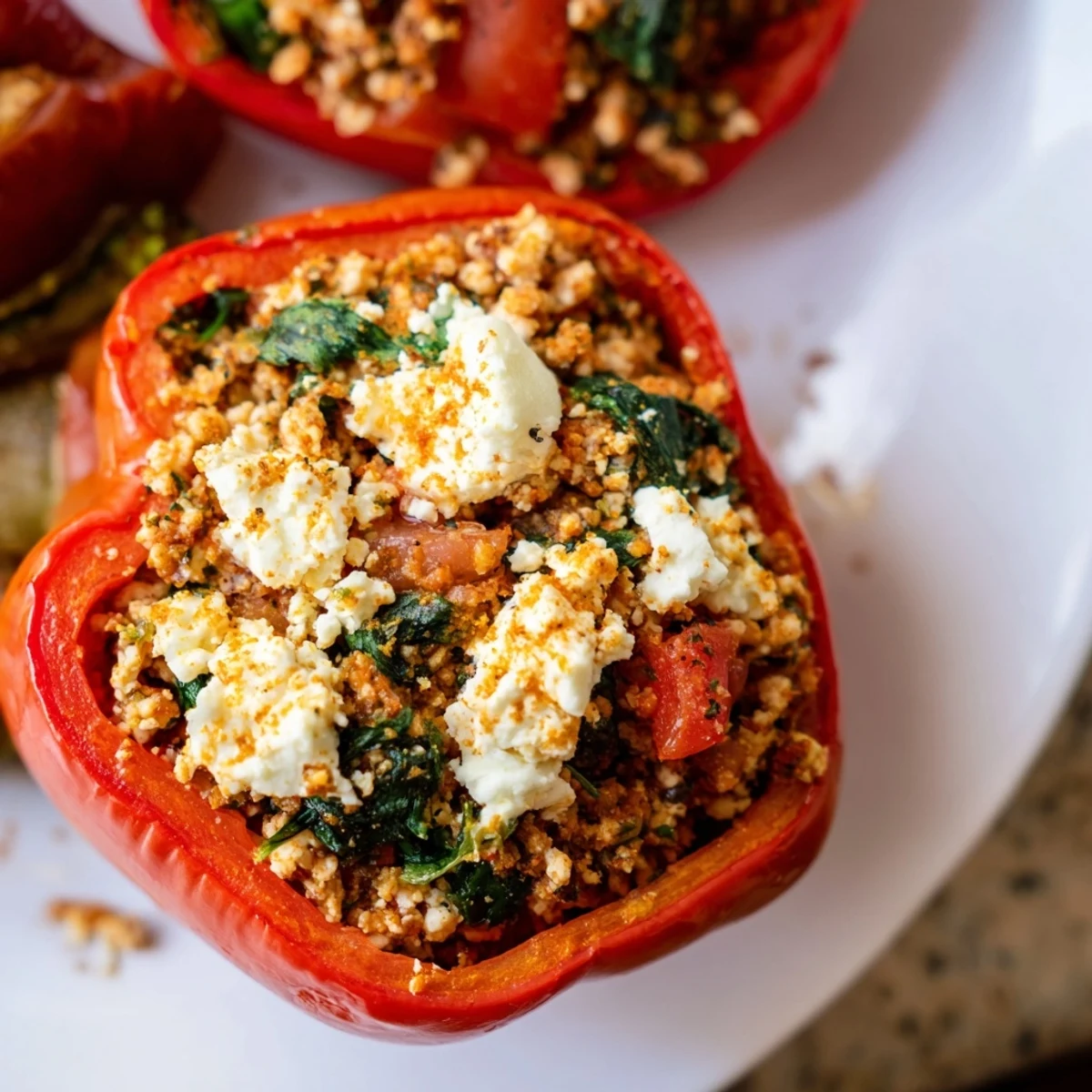 Golden baked bell peppers overflowing with savory ground chicken Greek stuffing and crumbled feta cheese