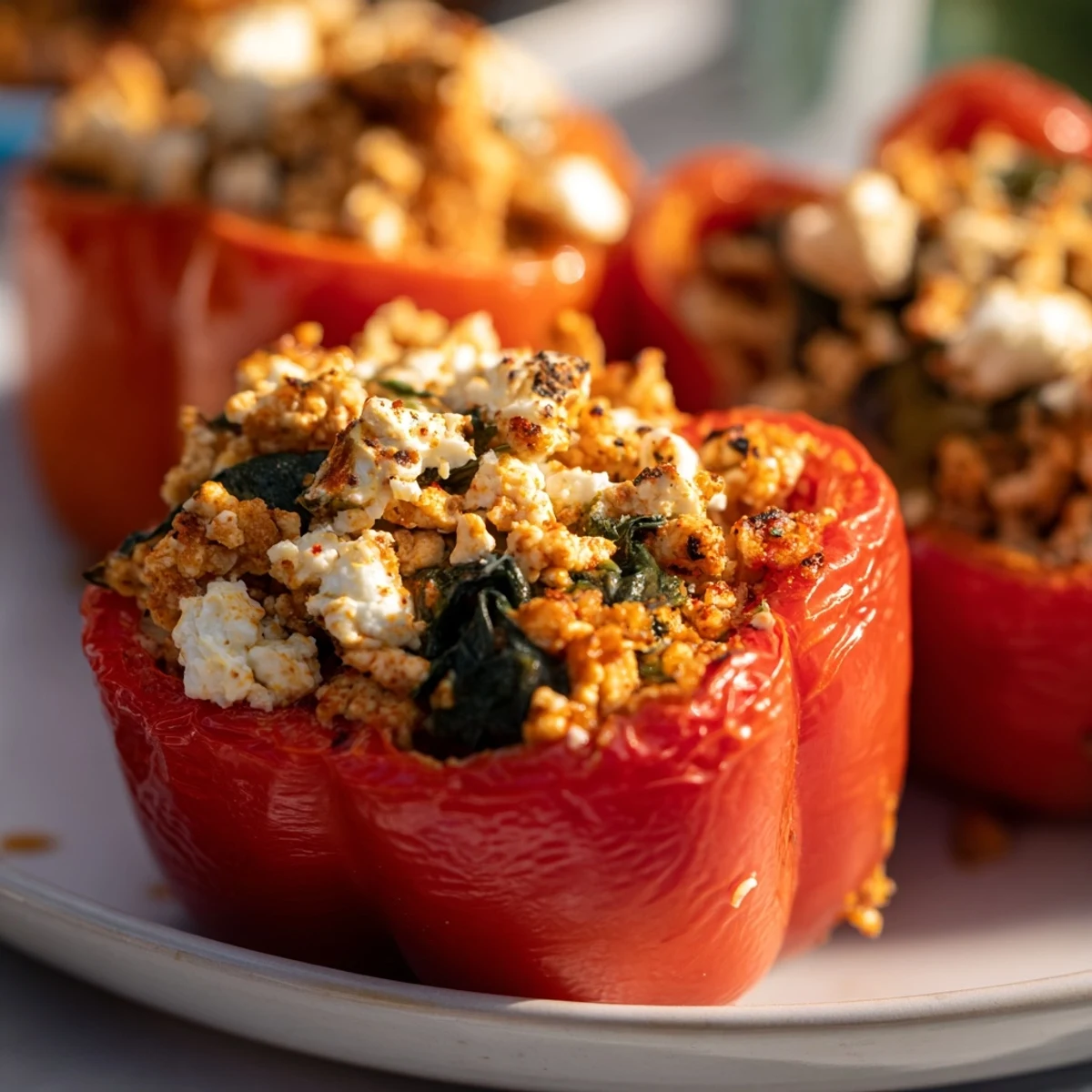 Colorful stuffed peppers filled with Mediterranean spiced chicken mixture and fresh herbs on a white plate