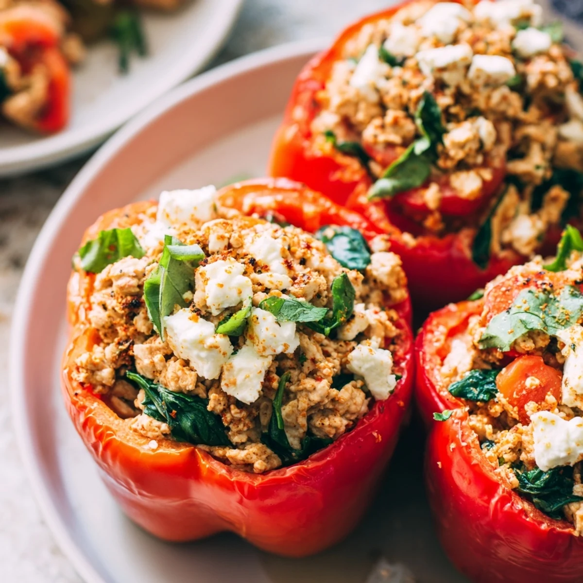 Tender roasted bell peppers topped with melty feta cheese and aromatic ground chicken Greek filling