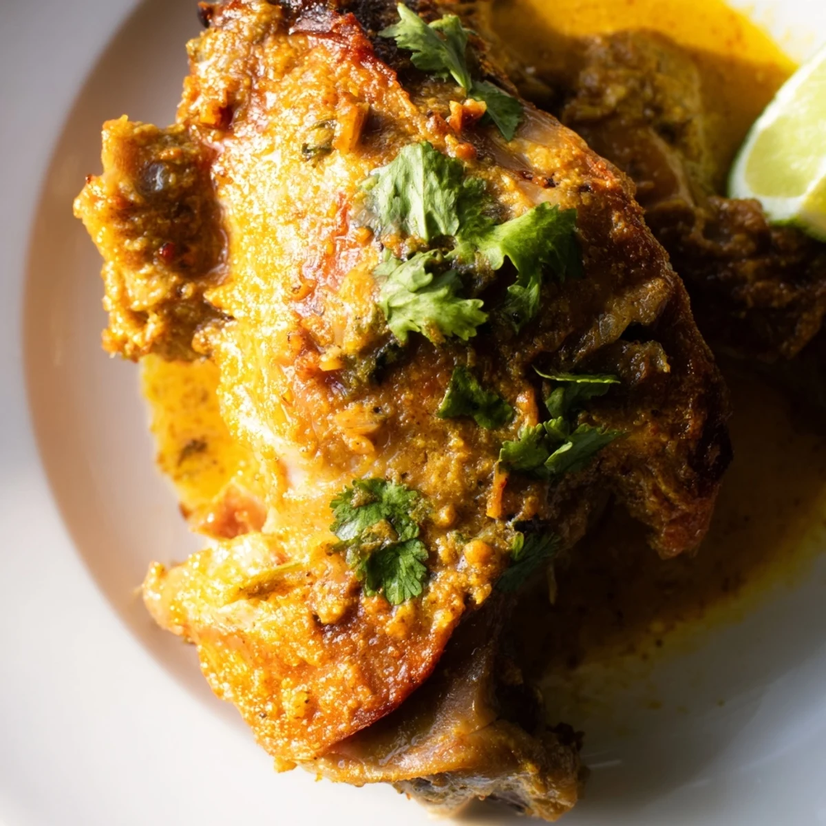 Tender Ina Garten Indonesian Chicken pieces garnished with fresh cilantro and lime wedges on white plate