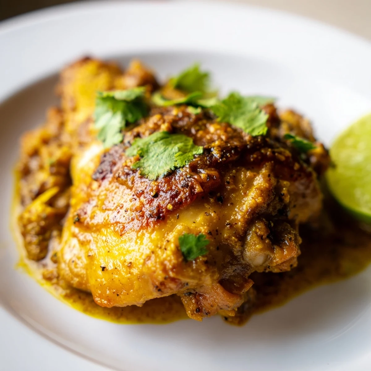 Oven-baked Ina Garten Indonesian Chicken thighs and drumsticks glazed with aromatic coconut milk and turmeric sauce