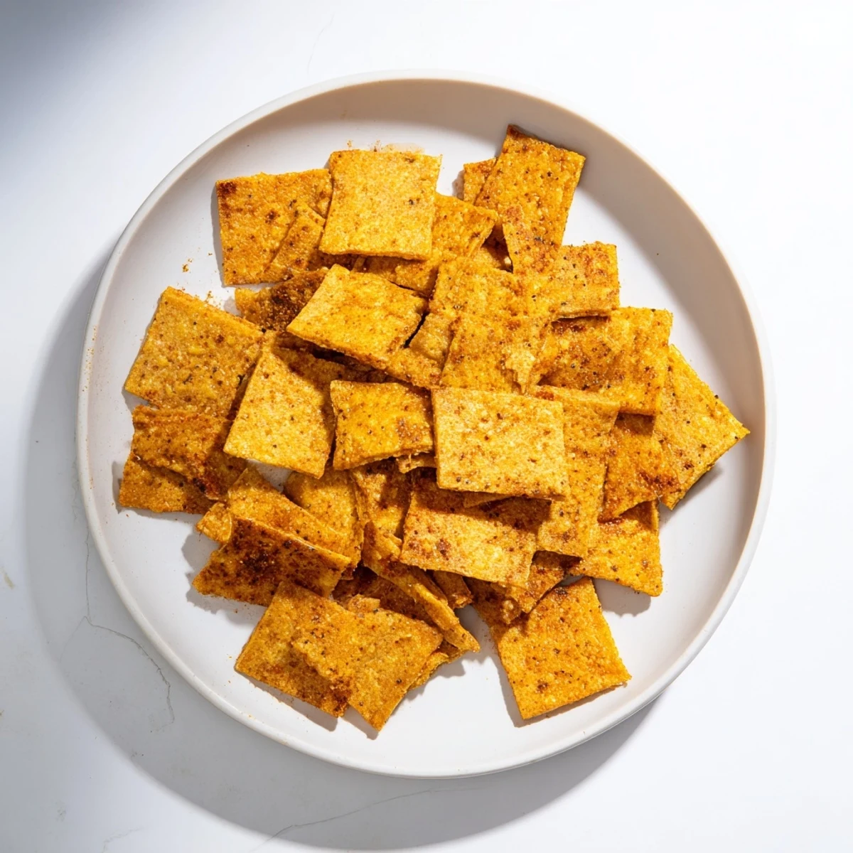 Golden baked chickpea chips arranged on a wooden board, perfectly crispy and seasoned with spices