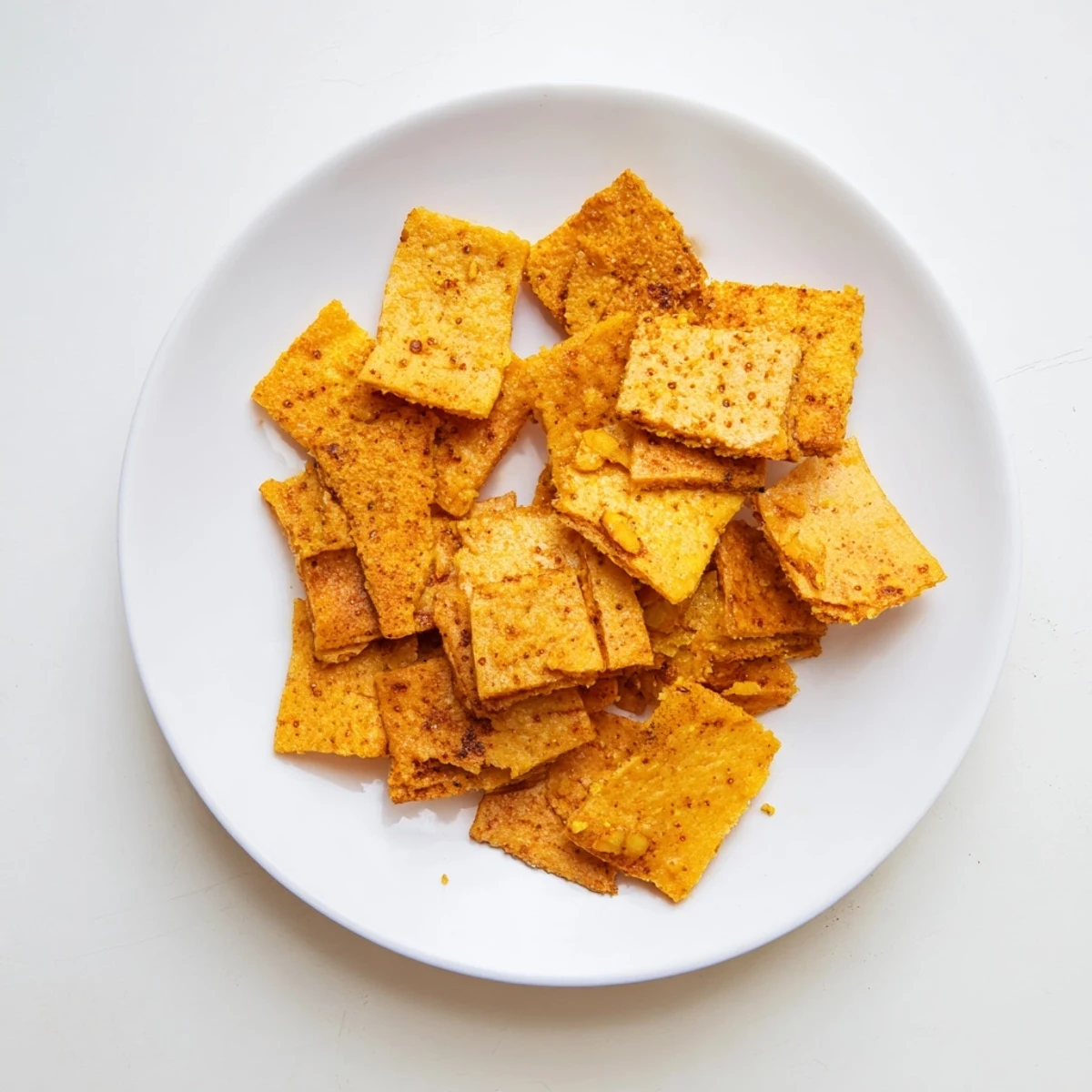 Stack of gluten-free chickpea chips with visible paprika seasoning, ideal for healthy snacking