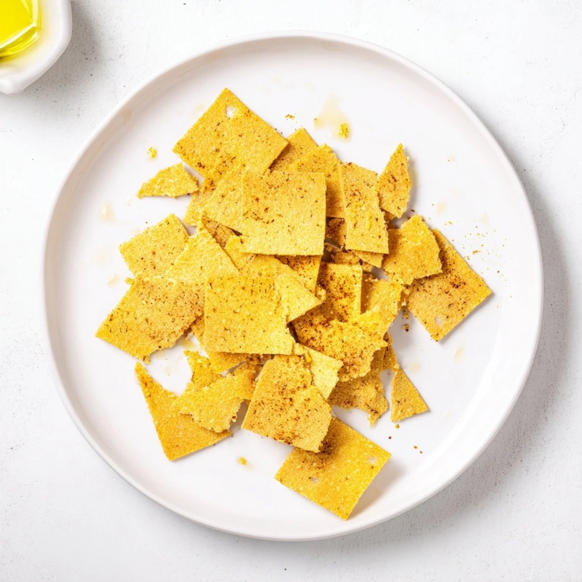 Hand holding a crispy chickpea chip ready to dip, showcasing the golden edges and texture