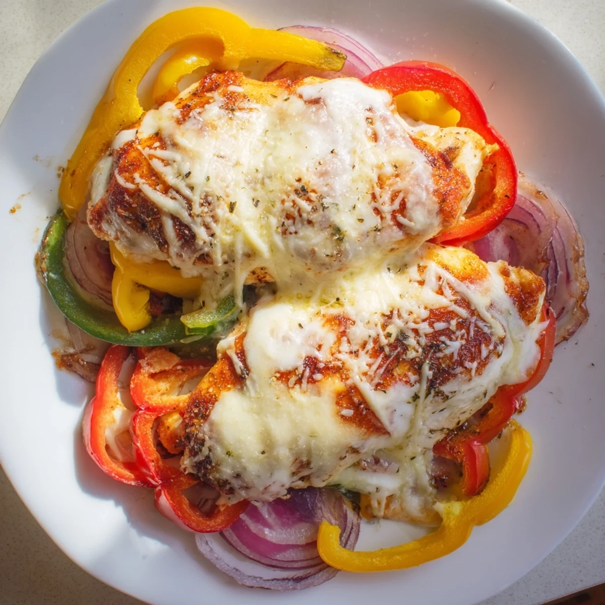 Golden cheesy baked chicken breast and peppers bubbling with melted mozzarella in a baking dish