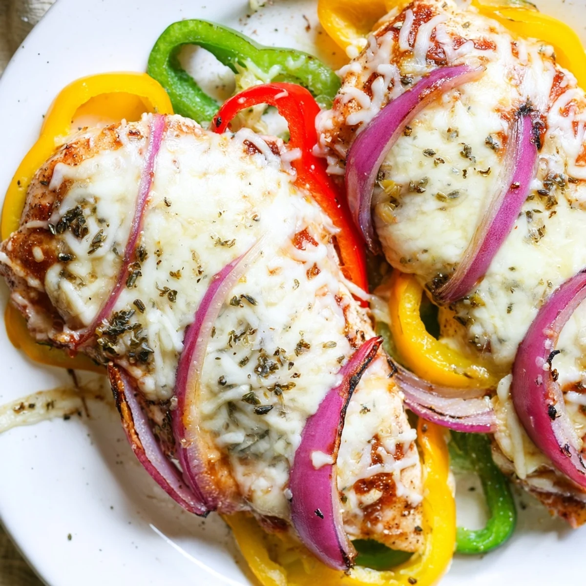 Tender cheesy baked chicken breast with colorful bell peppers roasted under a golden cheese topping
