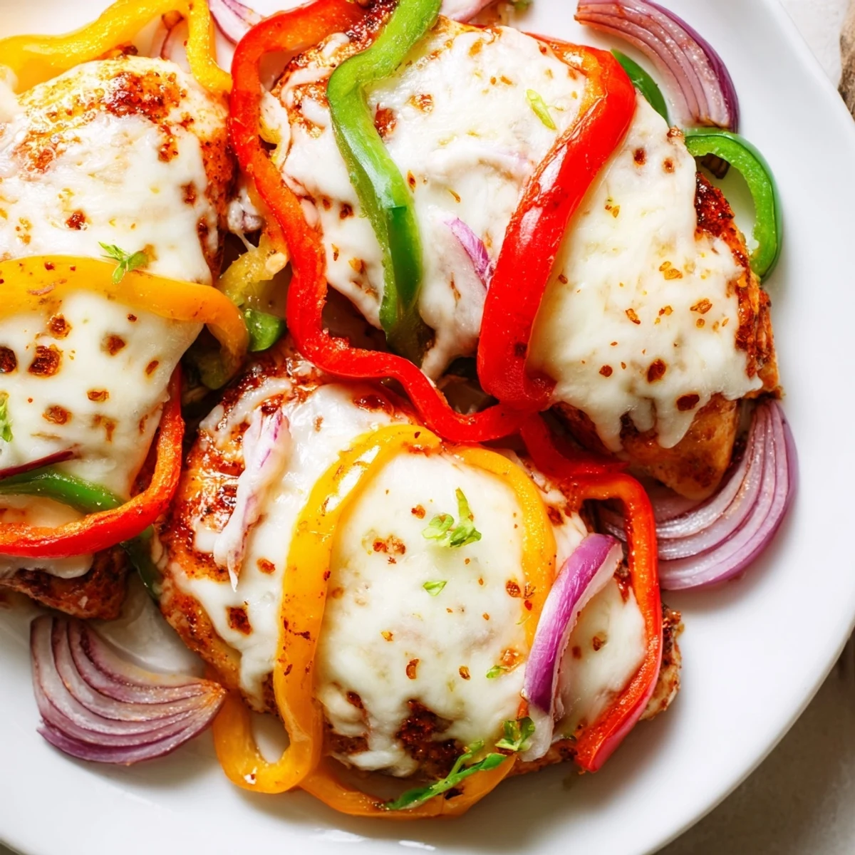 Savory cheesy baked chicken breast and peppers arranged with red onions and bubbling Parmesan cheese