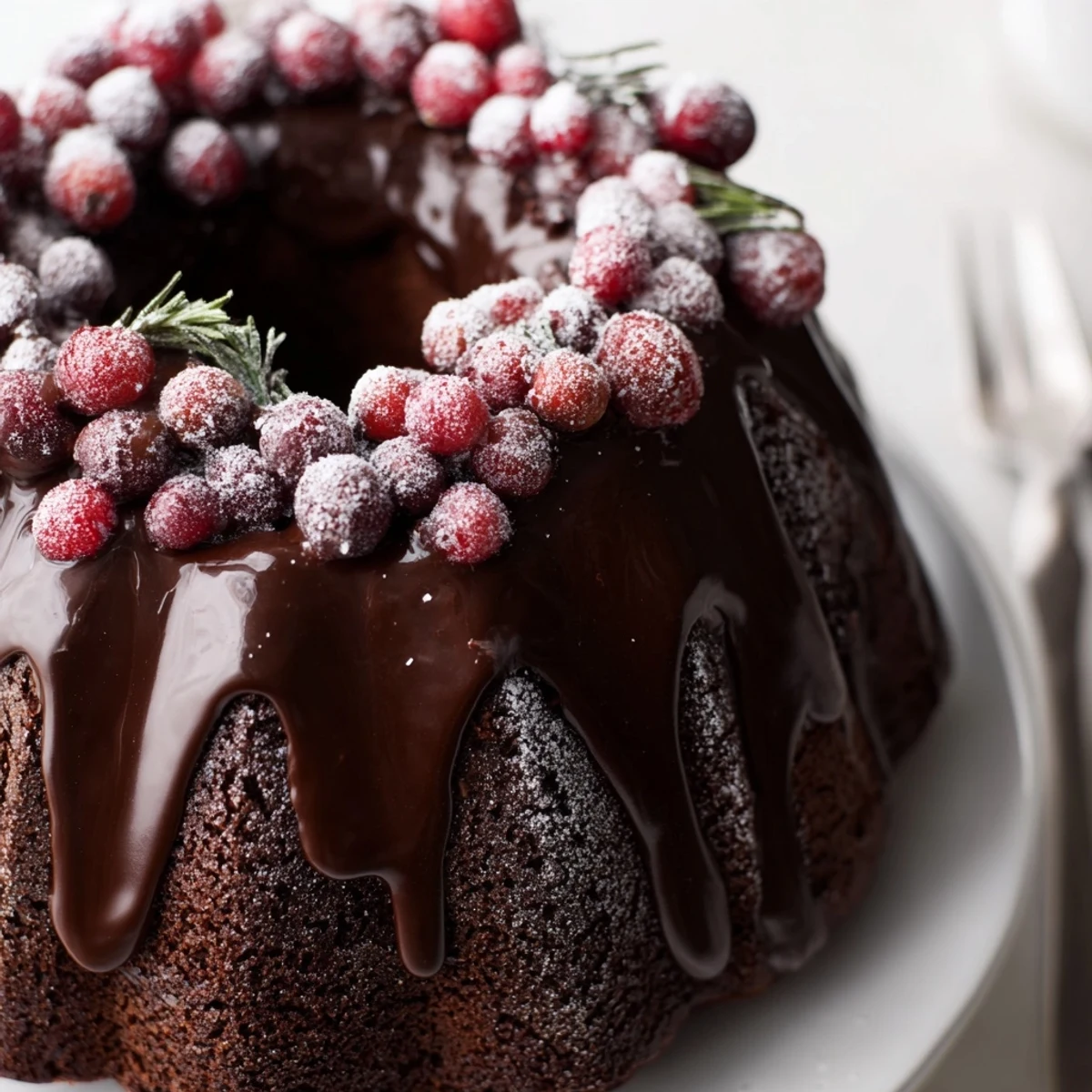 Chocolate Bundt Cake Christmas Wreath draped in glossy chocolate glaze and sugared cranberries.