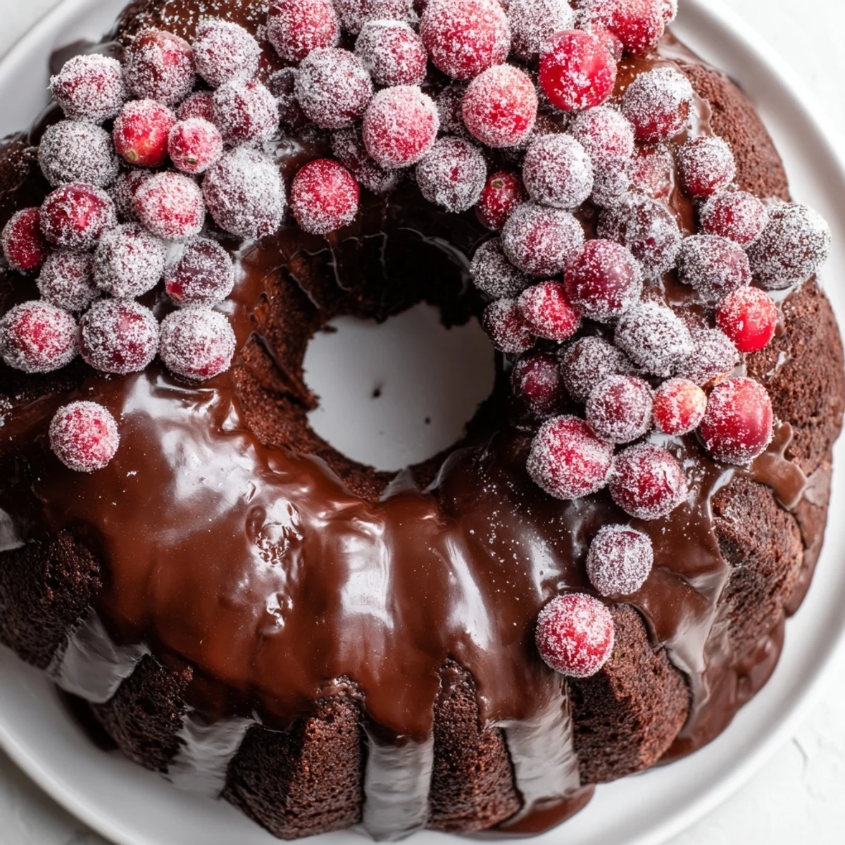 Chocolate Bundt Cake Christmas Wreath topped with rosemary sprigs and powdered sugar snow.
