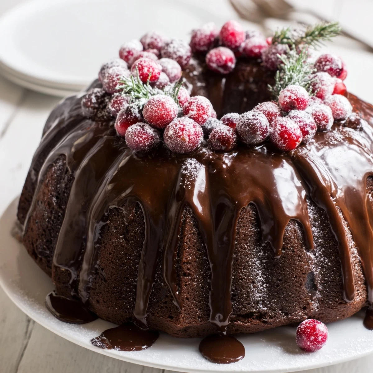 Sliced Chocolate Bundt Cake Christmas Wreath served with steaming hot cocoa nearby.
