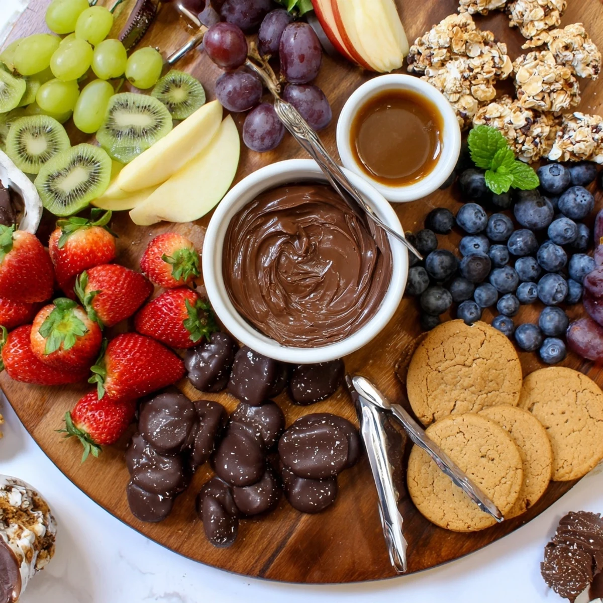 Dessert Charcuterie Board with colorful fruits, chocolates, and creamy dips for sharing