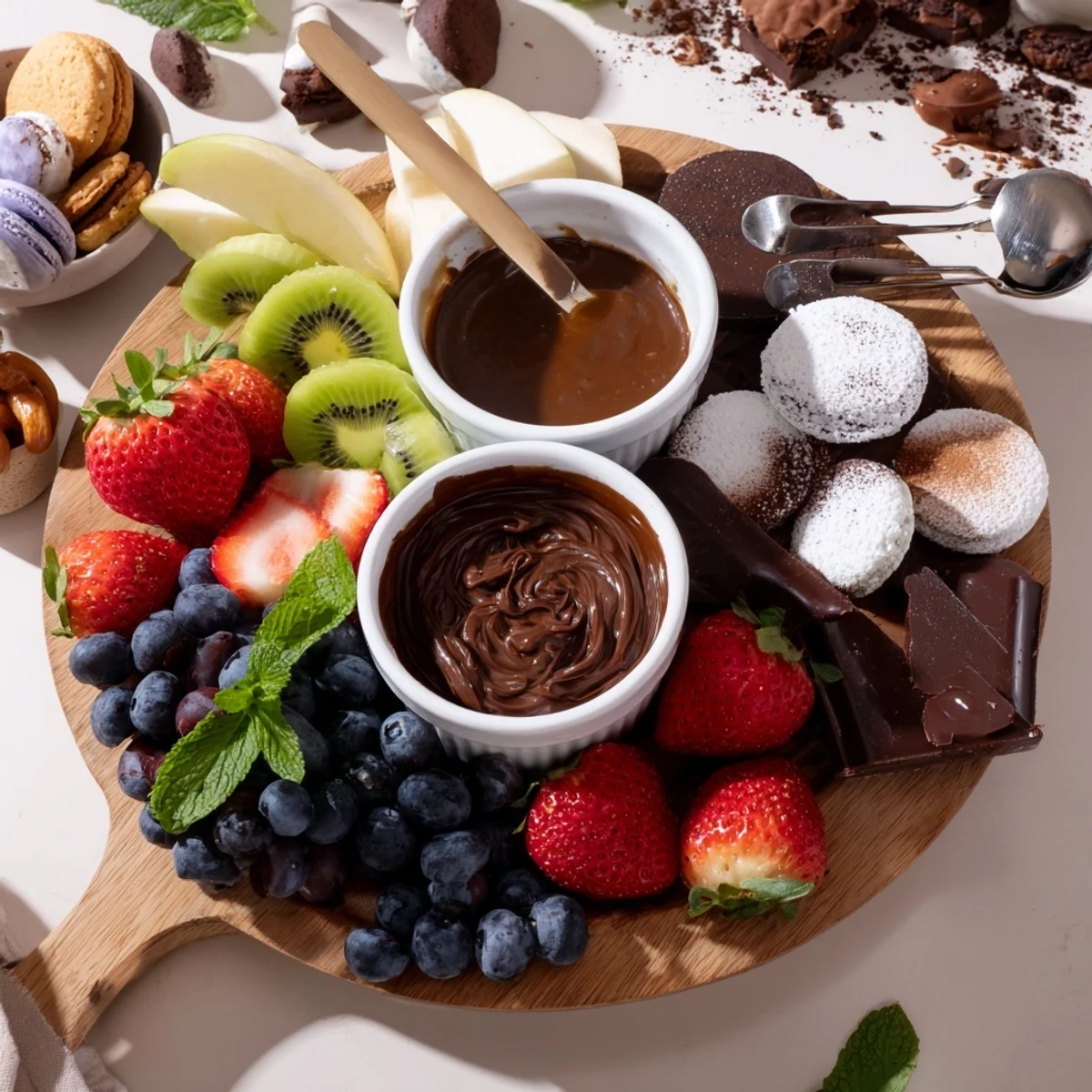 A Dessert Charcuterie Board showcasing juicy strawberries, crunchy pretzels, and salted caramel