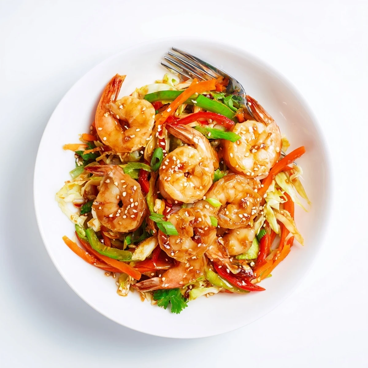 Steaming skillet of Delicious Asian Shrimp And Cabbage Stir Fry, sesame-speckled