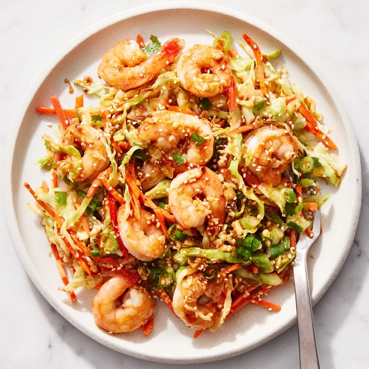 Colorful Delicious Asian Shrimp And Cabbage Stir Fry tossed with scallions, crisp vegetables