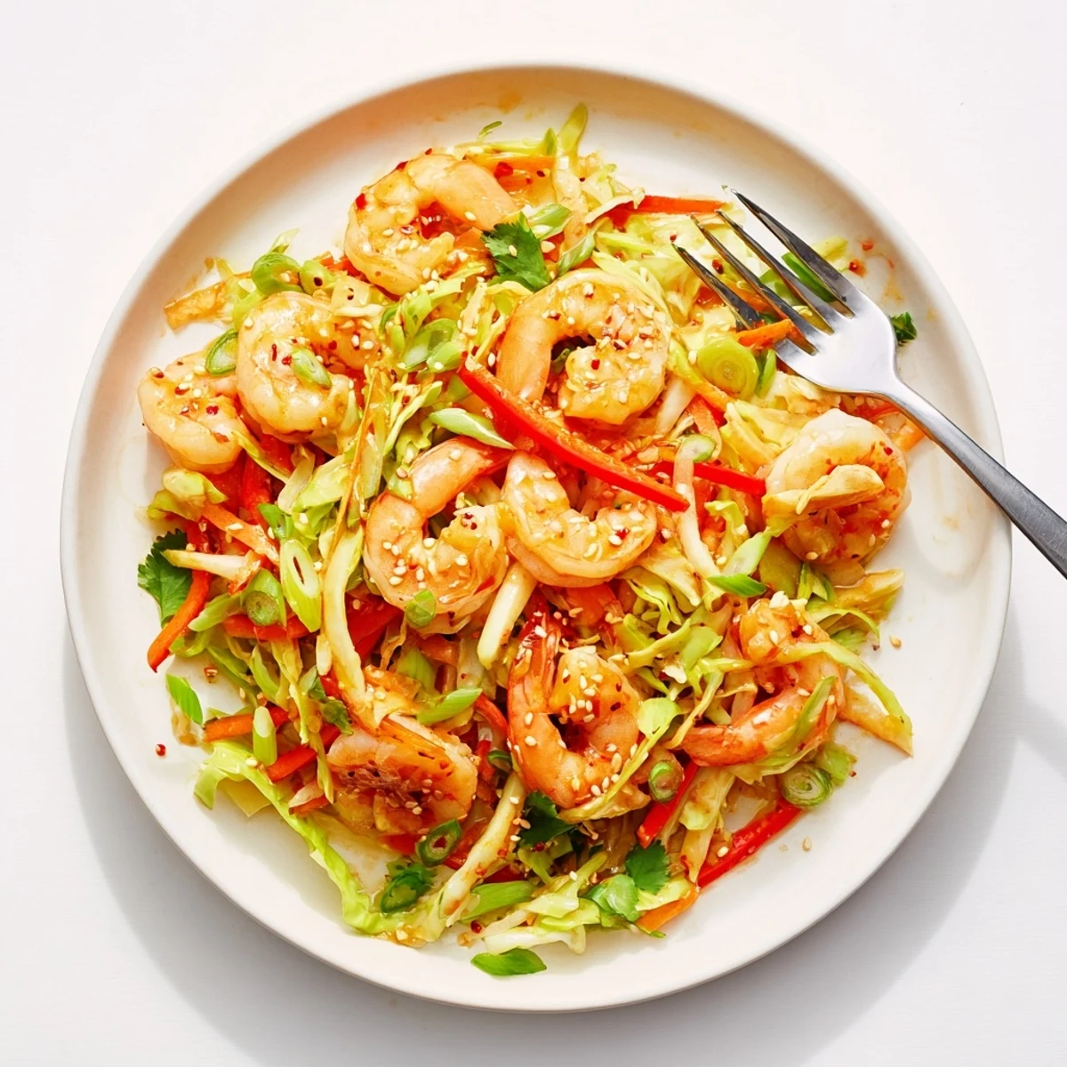 Plated Delicious Asian Shrimp And Cabbage Stir Fry served over steaming rice