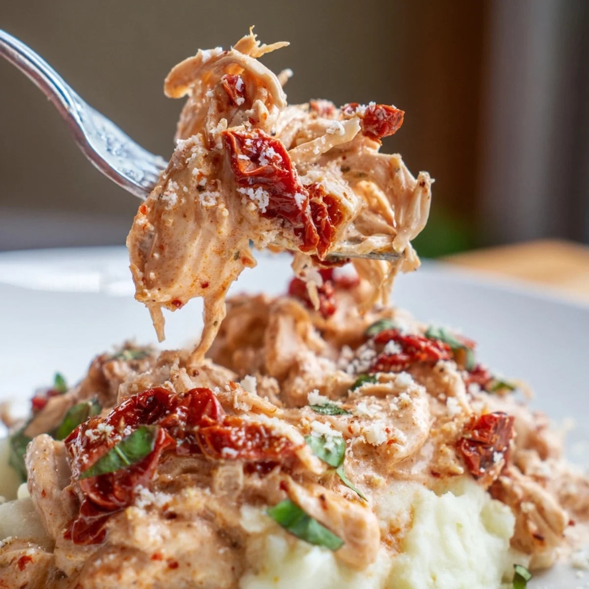 Tender shredded Dump And Go Crockpot Marry Me Chicken garnished with basil