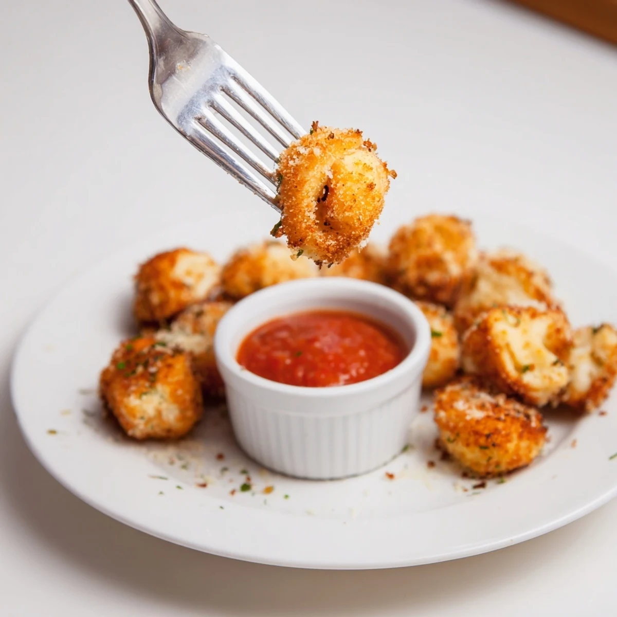 Crispy Tortellini Party Snacks served with warm marinara, crunchy outside, soft inside