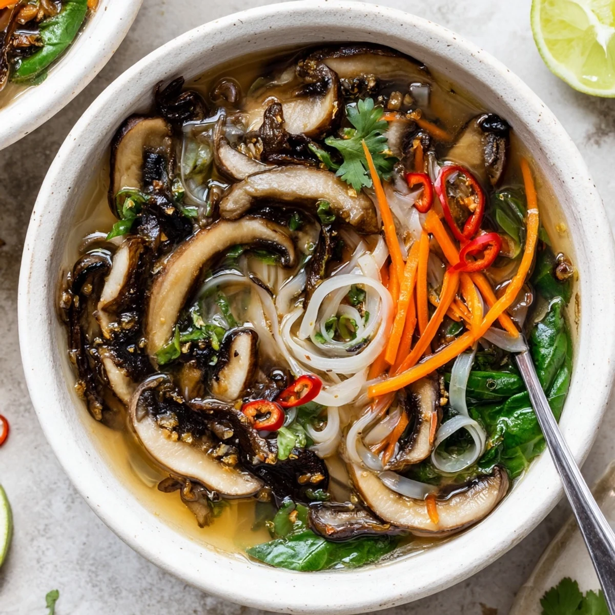 Steaming Cozy Ginger Garlic Mushroom Noodle Soup with tender mushrooms and bright lime