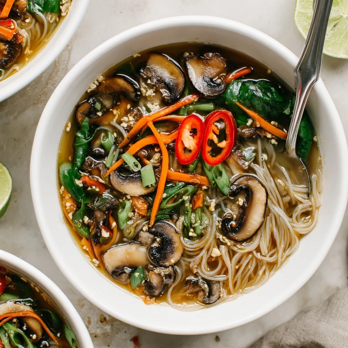 Hands cradling Cozy Ginger Garlic Mushroom Noodle Soup steaming, aromatic broth and noodles