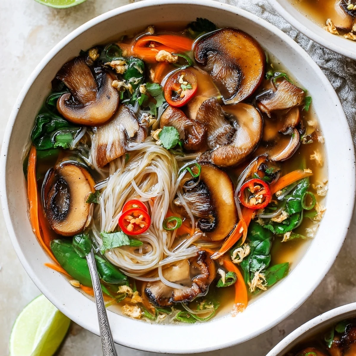 Bowl of Cozy Ginger Garlic Mushroom Noodle Soup garnished with cilantro, green onions