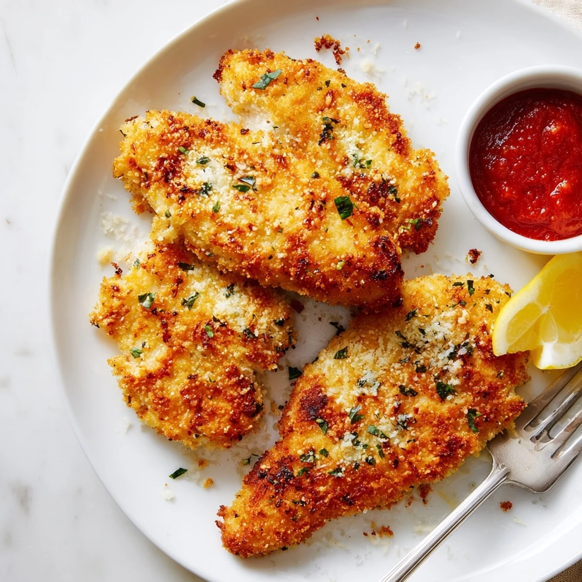 Breaded with panko, Crispy Parmesan Chicken pan fried then oven finished, sizzling  