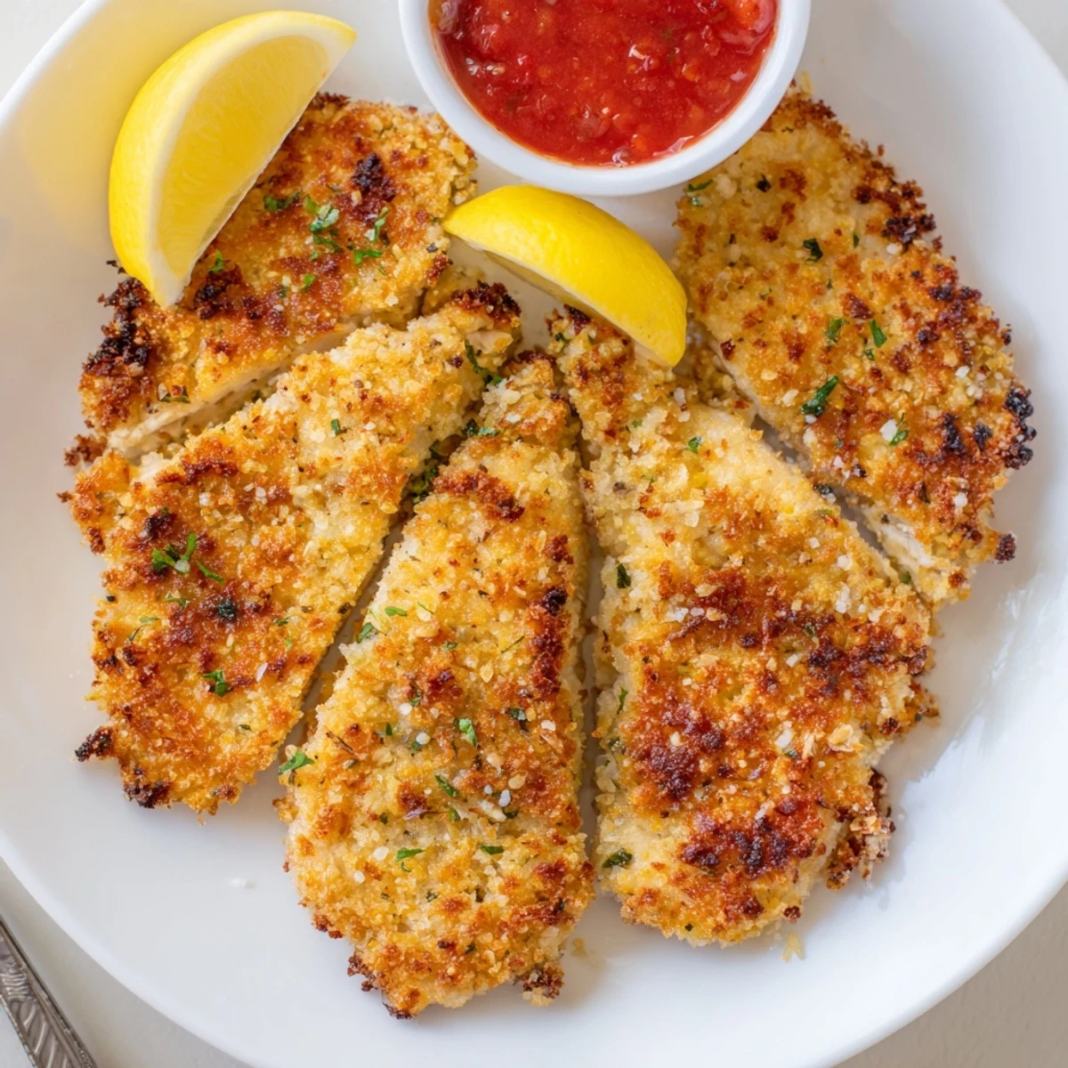 Crispy Parmesan Chicken golden crust, juicy interior, served with lemon wedges  