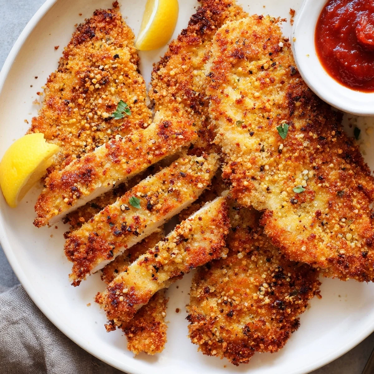 Sliced Crispy Parmesan Chicken over salad, crunchy coating, warm marinara on side