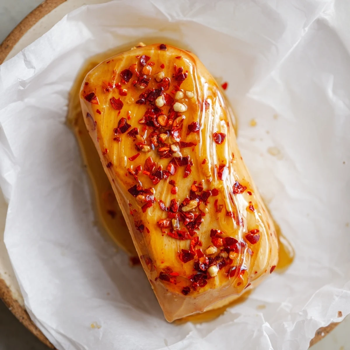 Sweet Spicy Honey Butter melting over warm cornbread, glossy sweet heat ribbons