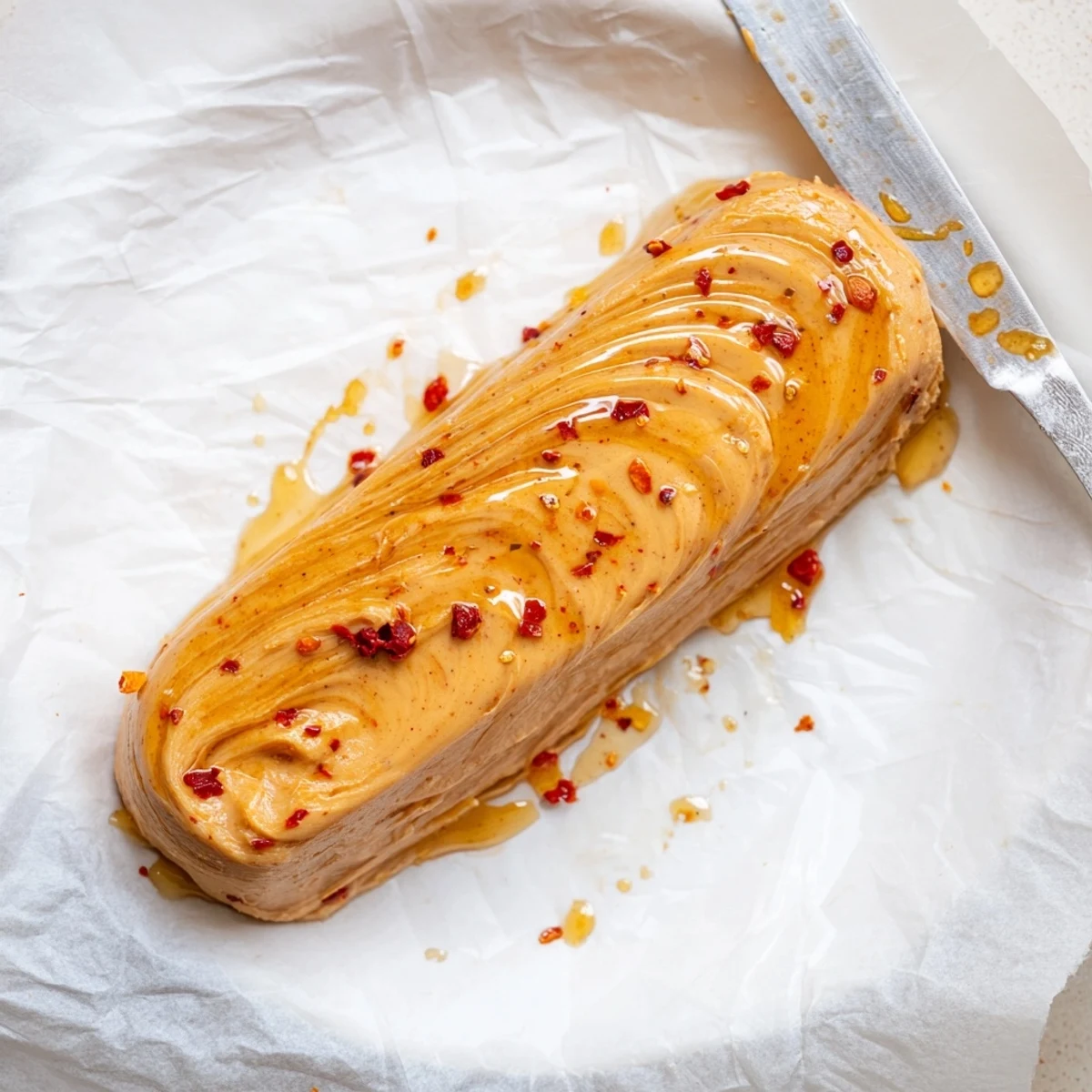 Jar of Sweet Spicy Honey Butter with chili flakes, smooth and creamy