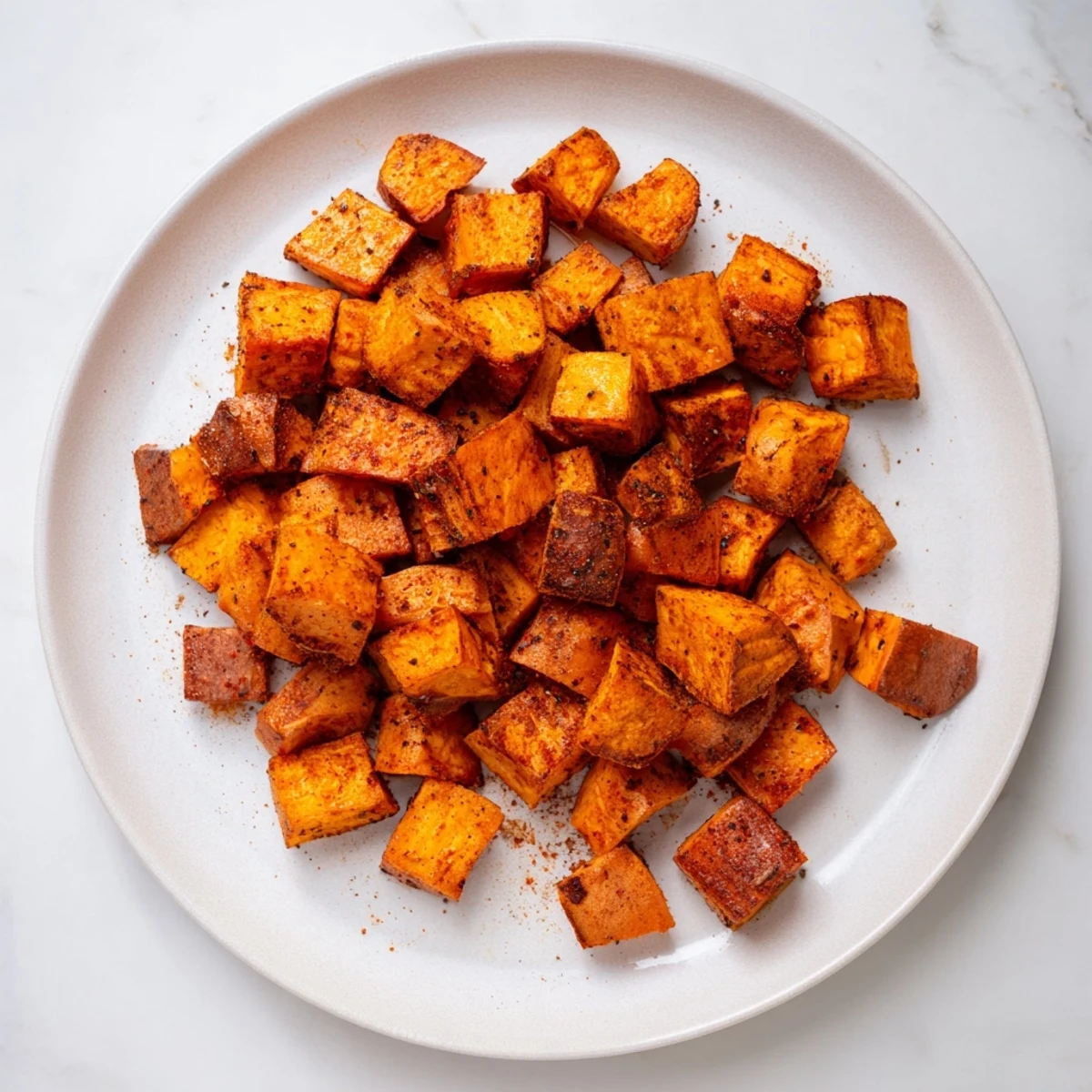Golden brown air fryer sweet potato cubes arranged on a white serving plate