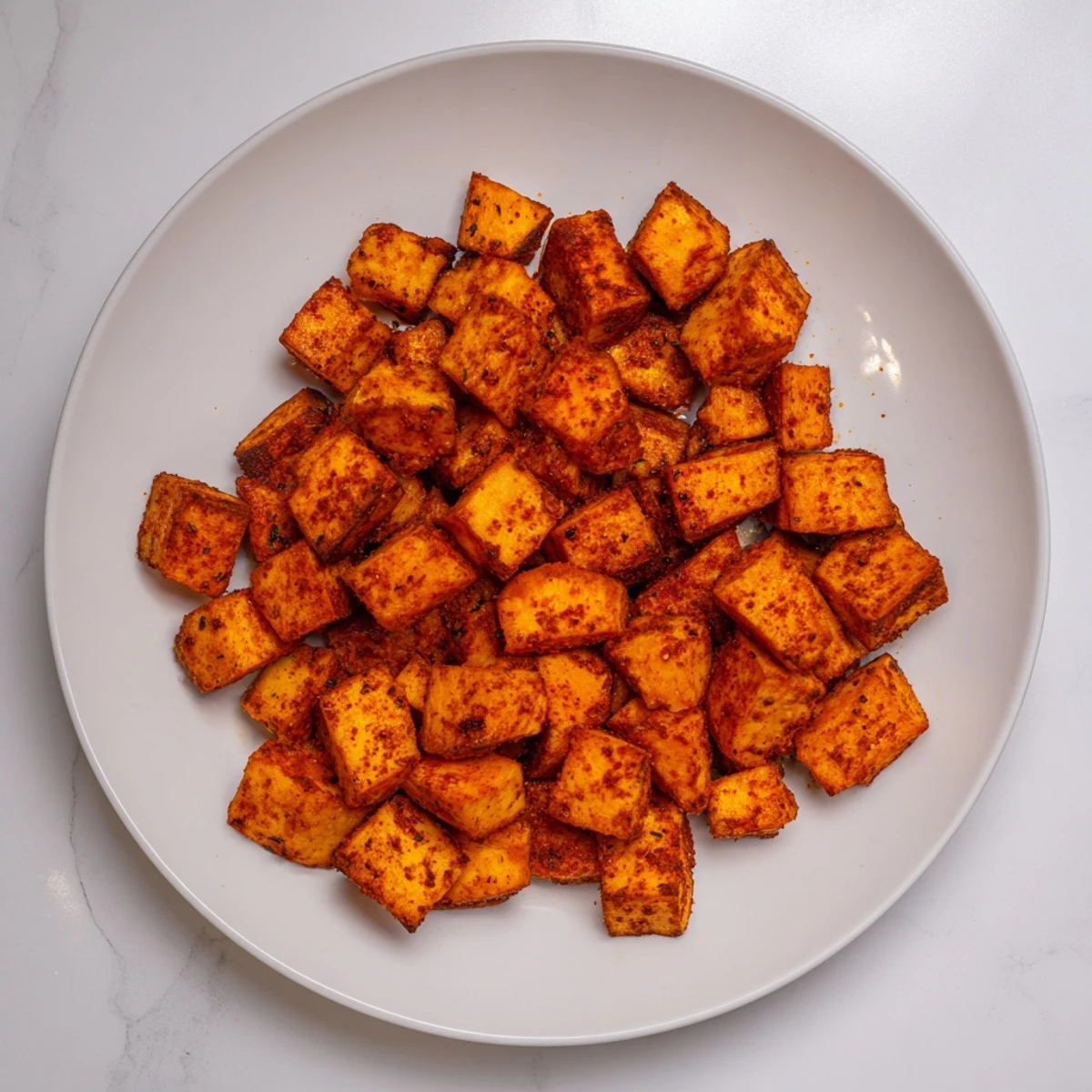 Seasoned sweet potato cubes scattered in air fryer basket with visible paprika coating