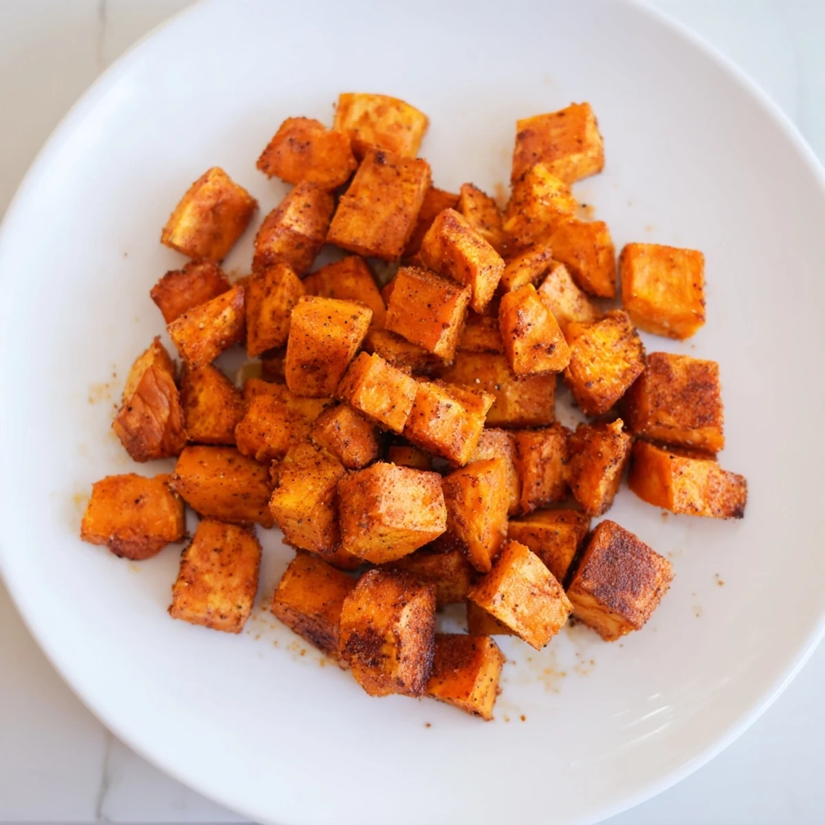 Crispy tender sweet potato cubes drizzled with olive oil and sprinkled with sea salt