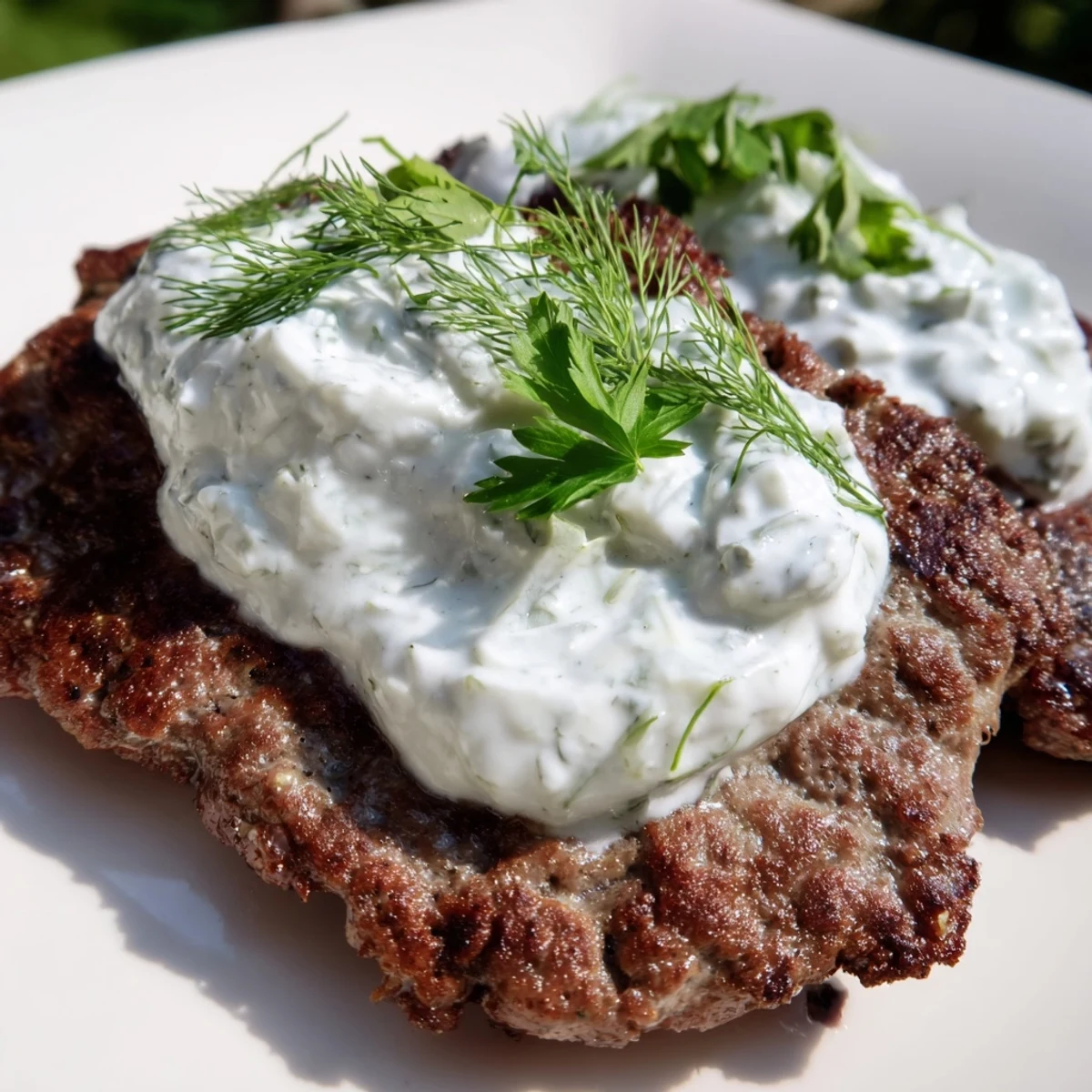 Sizzling skillet beef kebabs topped with creamy yogurt dip and fresh red onion slices