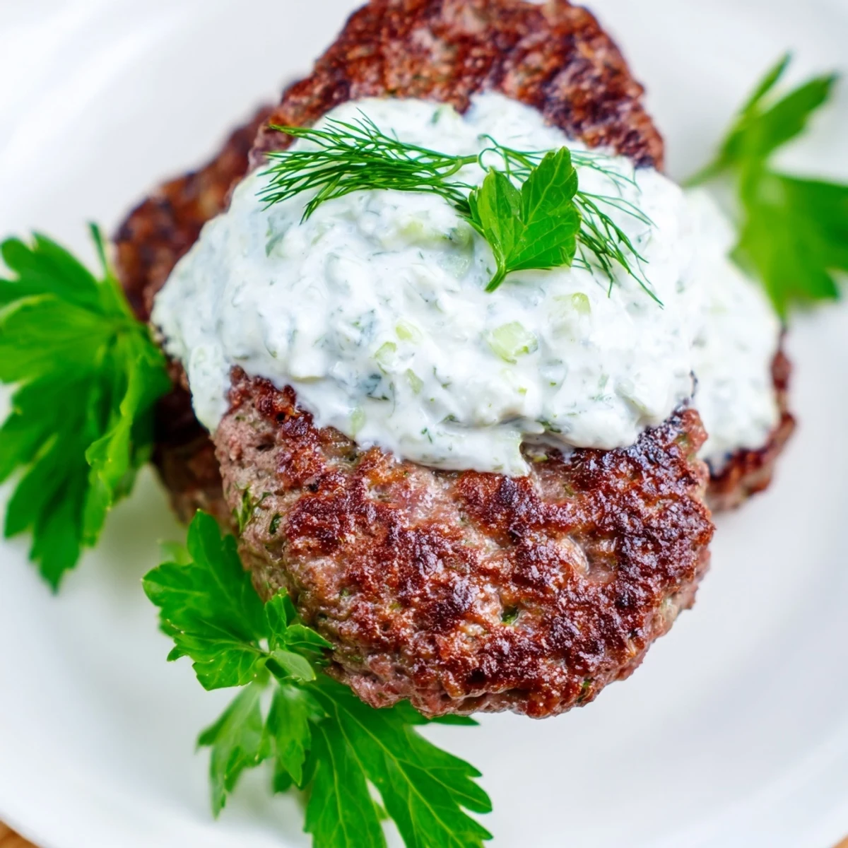 Golden smashed beef kebabs with crispy edges served alongside cool cucumber yogurt sauce