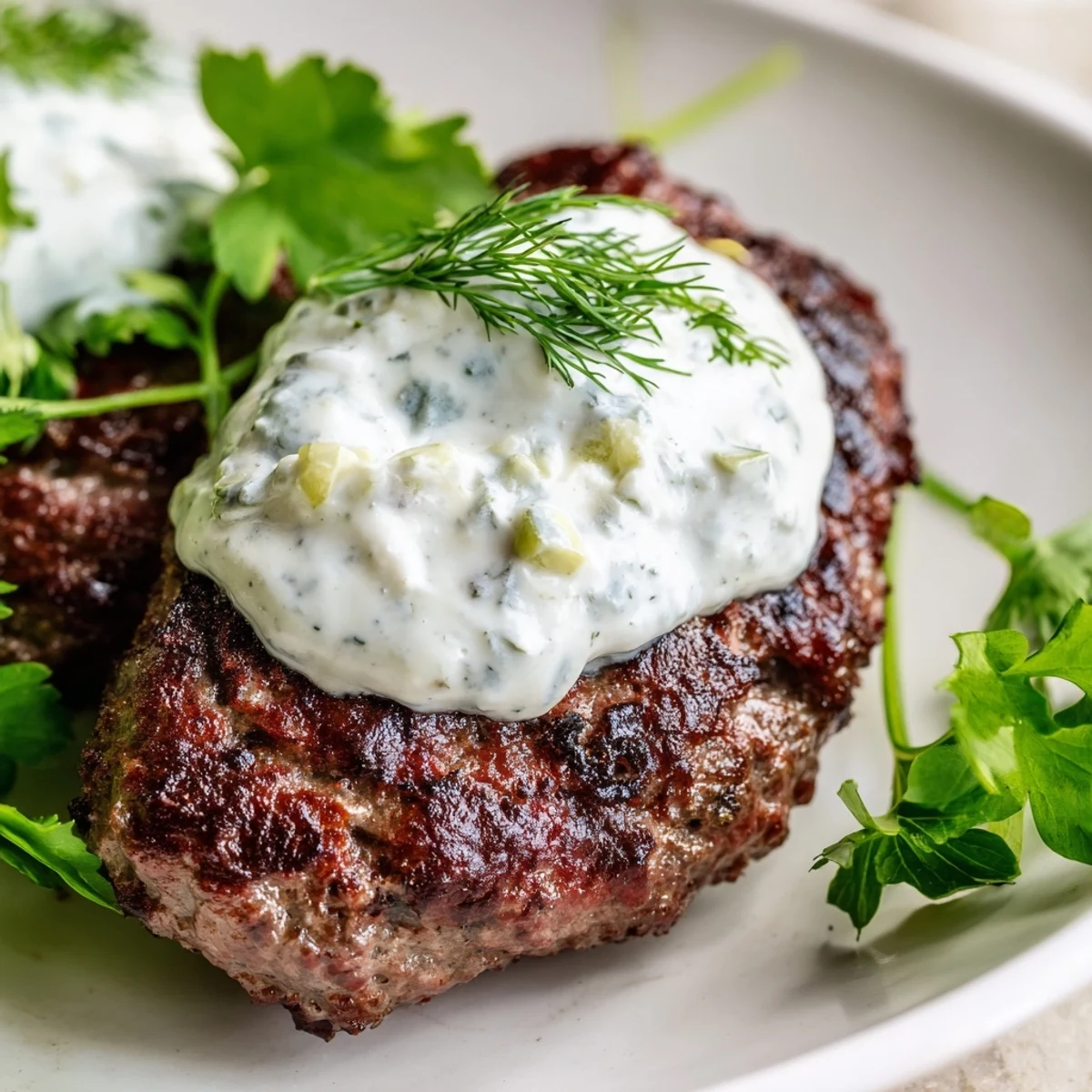 Hand-shaped smashed beef kebabs garnished with herbs and refreshing cucumber yogurt sauce