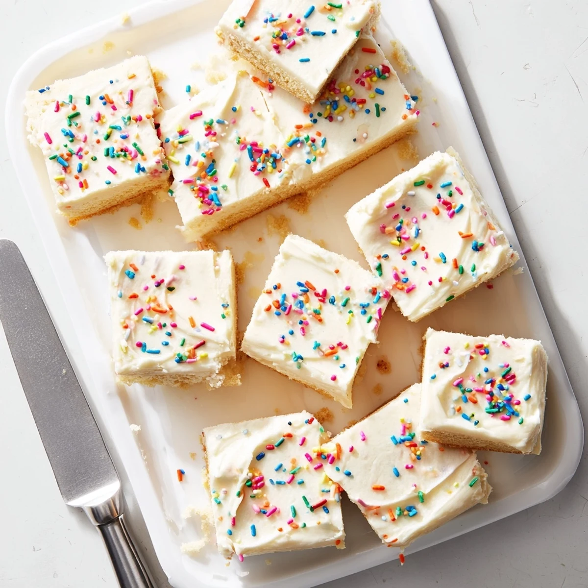 Soft frosted sugar cookie bars topped with colorful creamy frosting and festive sprinkles on a white serving plate