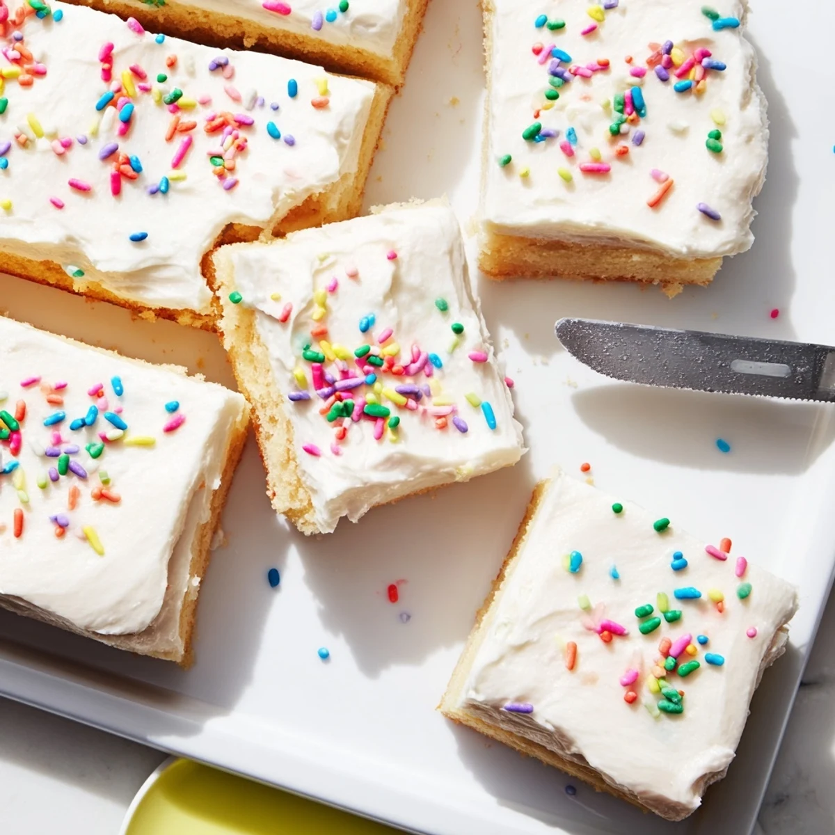 Homemade frosted sugar cookie bars cut into squares showcasing buttery texture with sweet swirled vanilla frosting