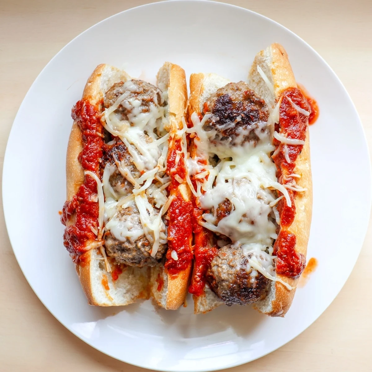 Crispy hoagie bun stuffed with savory beef meatballs smothered in red sauce and gooey cheese