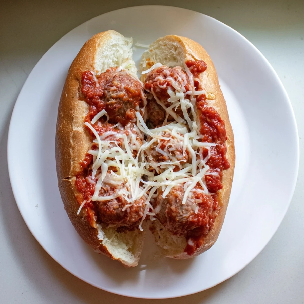 Oven-baked meatball sub sandwich overflowing with tender meatballs, rich marinara, and bubbling shredded mozzarella